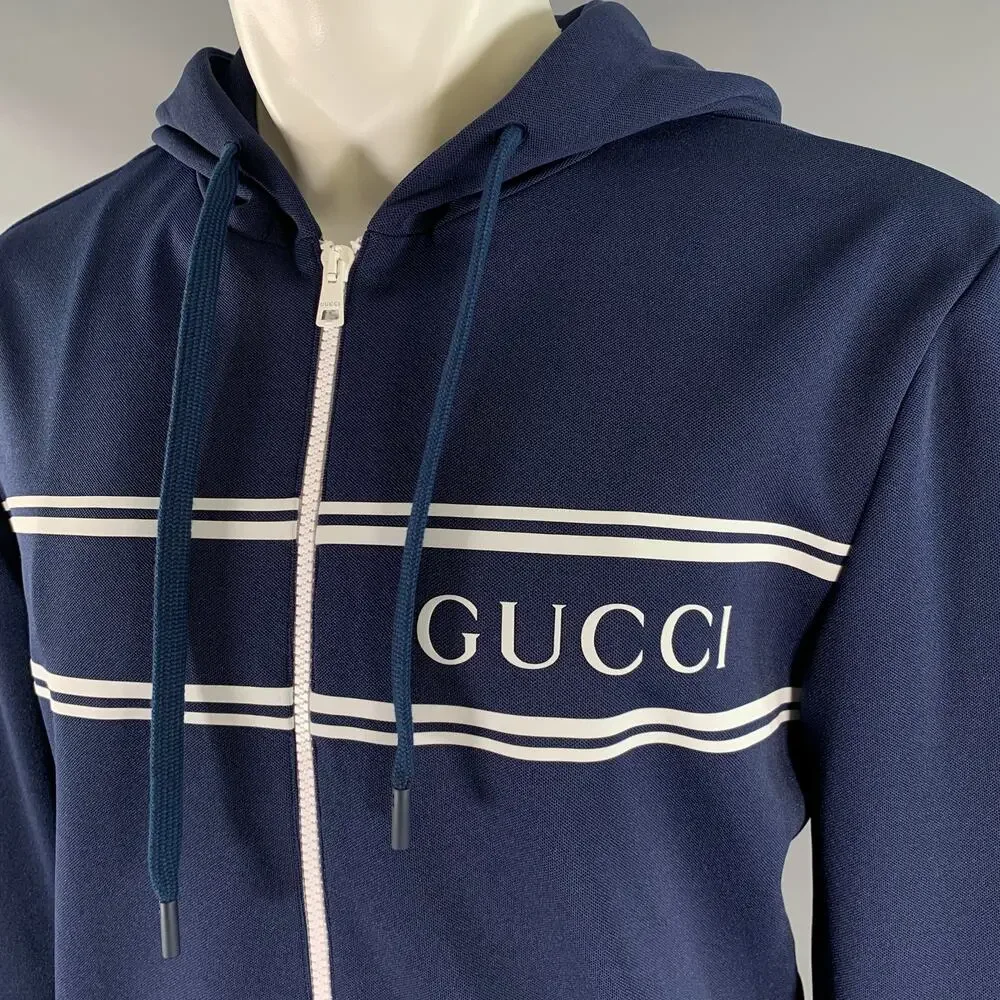 GUCCI Size M Navy White Logo Polyester Zip Up Hoodie